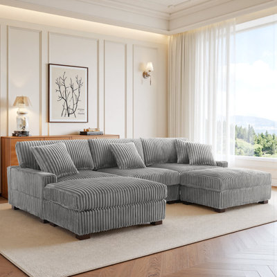 Canapé modulaire rembourré 5 pièces en flanelle de fourrure de lapin gris clair avec coussins décoratifs et repose-pieds 5 pièces