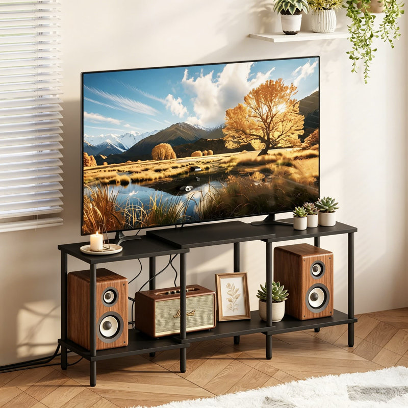 Meuble télé industriel pour salon, meuble télé avec tablettes ouvertes, meuble télé 55 pouces, console média avec structure en acier, brun rustique et noir