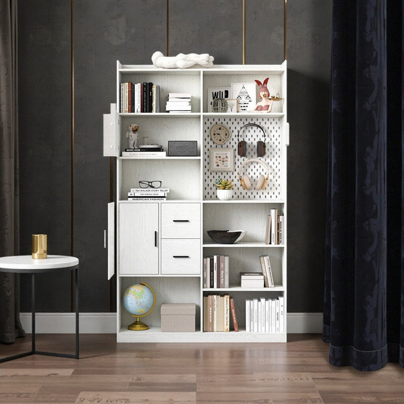 Bibliothèque 79 pouces à 9 tablettes avec 3 tiroirs, unité de rangement blanche