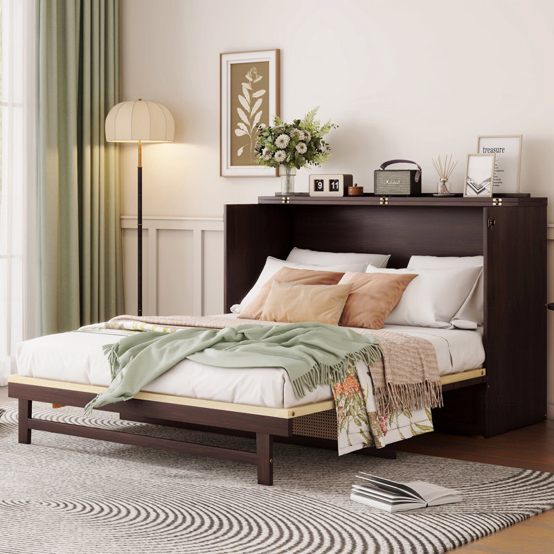 Grand lit escamotable pliant, armoire en bois de pin avec décoration en rotin et tiroir de rangement, Noir