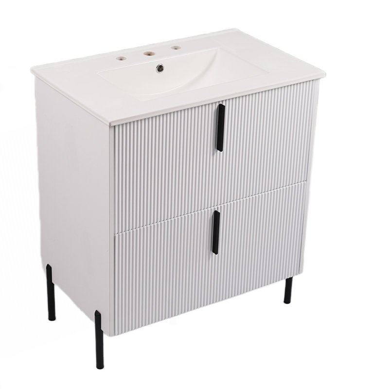 Meuble-lavabo à conception cannelée avec lavabo en céramique et 2 tiroirs, Blanc