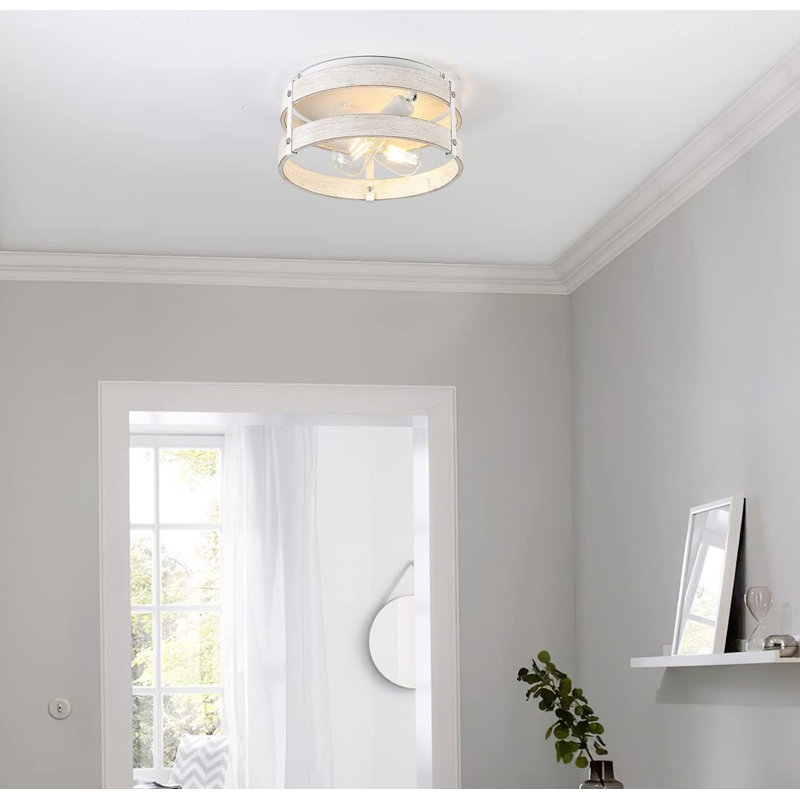 Antique White Distressed Wood Drum Flush Mount Ceiling Light