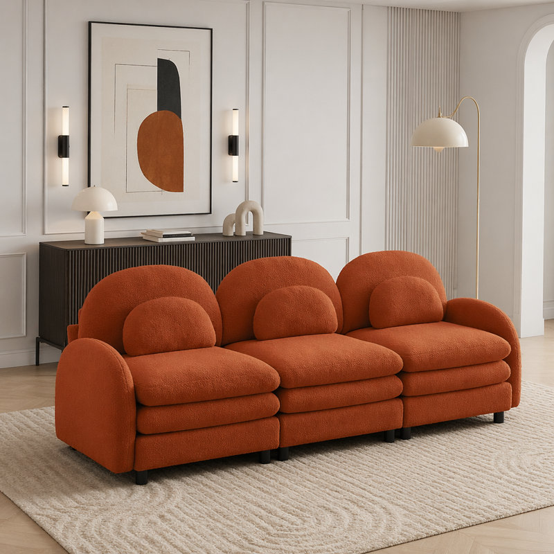 Canapé en tissu Teddy Cloud, dossier incurvé et accoudoirs avec coussins lombaires, Orange+3Seat
