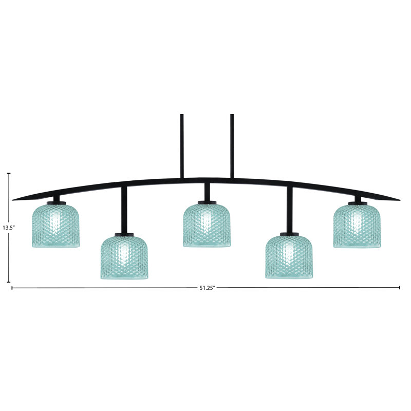 Barre d'éclairage 5 lumières avec verre texturé Kurve, Noir mat, Sarcelle, H 13,5 po x l 51,25 po x P 6 po