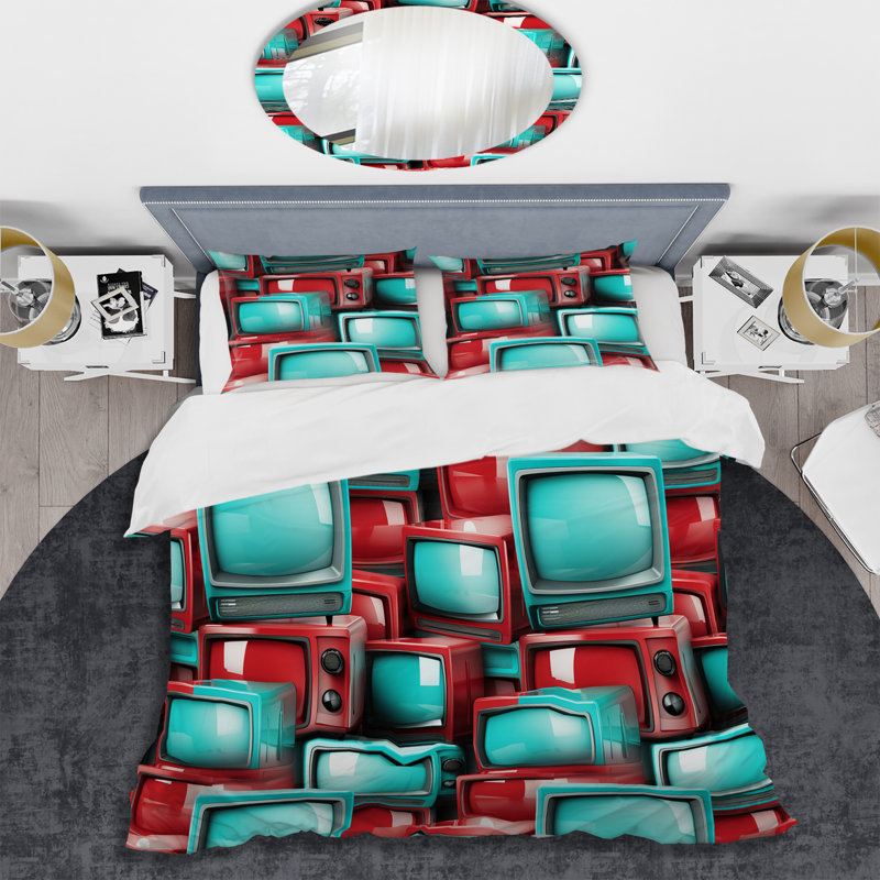 Ensemble de housse de couette rouge et cyan Popart, Housse de couette simple + 1 taie décorative stan