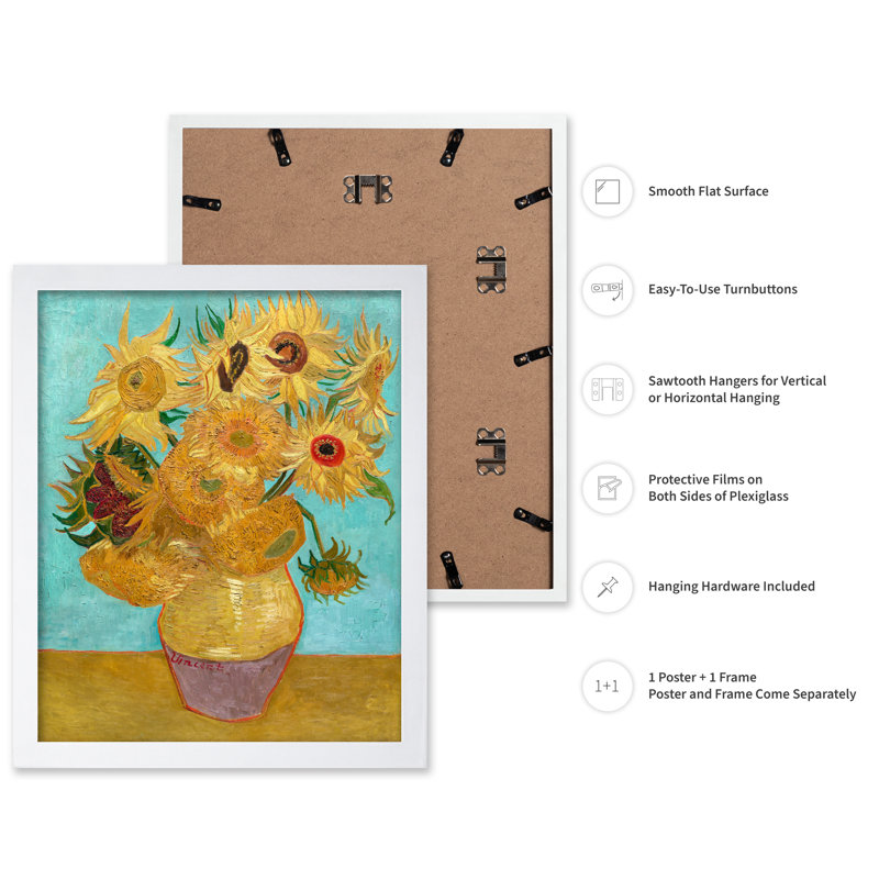 Van Gogh - Vase avec douze tournesols No1, Affiche, H 18 po x l 24 po, Encadrement blanc