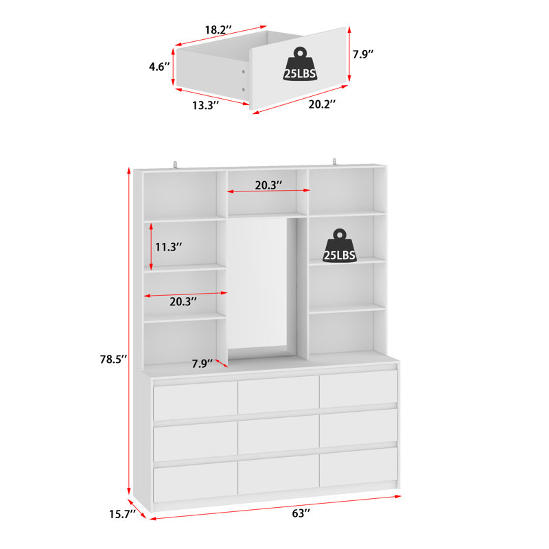 63" W Bedroom Wardrobe Organizer with Built-in Mirror, 9 Drawers & 7 Open Shelves