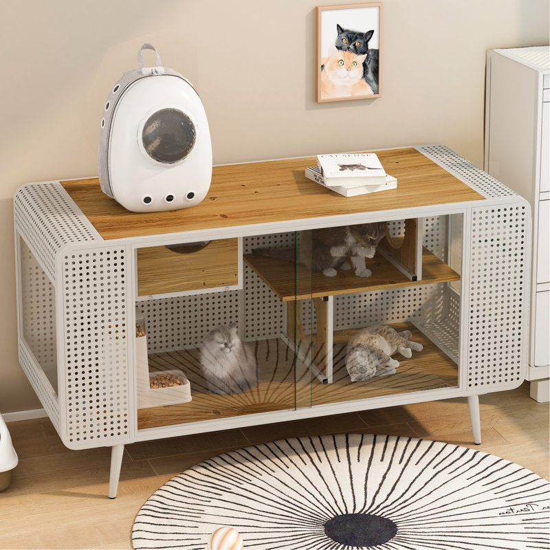 Habitation spacieuse pour chat blanc avec construction stable - bois de sapin artisanal et fer, verre trempé de style moderne avec cadre en fer fonctionnel