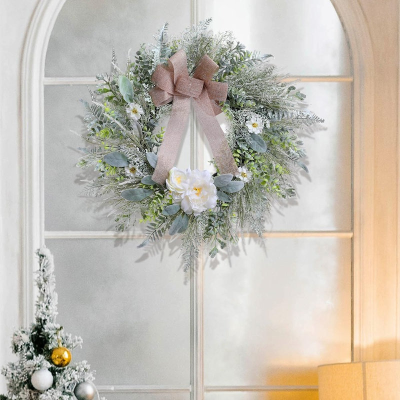 Couronne de verdure à oreilles d'agneau - vert - couronne artificielle de 24 à 26 pouces avec nœud en toile de jute, porte de maison de campagne et décoration intérieure