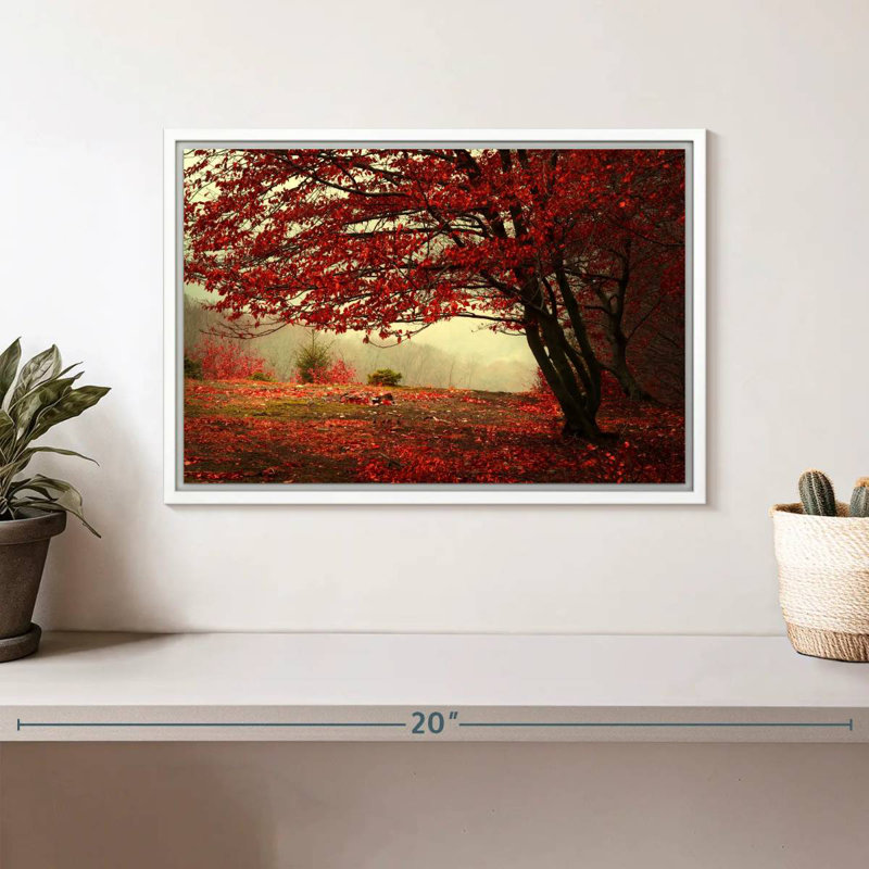 Arbre rouge en automne, Cadre flottant blanc, 13 po x 9 po