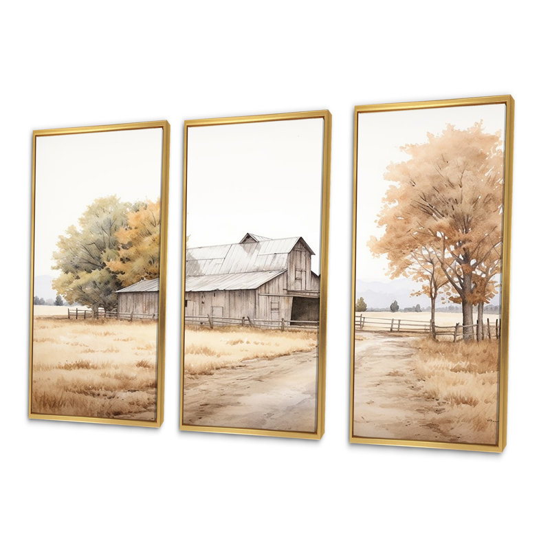 Paysage de grange, minimalisme, ensemble d'art mural, Cadre flottant doré, H 40 po x l 60 po x P 1 po