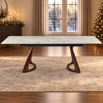 Table de salle à manger extensible de 160 cm à 240 cm, 8 couverts pour le repas de l'Action de grâce : installation en 30 secondes, sans table pliante supplémentaire – plateau en pierre frittée résistante à la chaleur, piètement en noyer massif foncé, capacité de charge de 113 kg