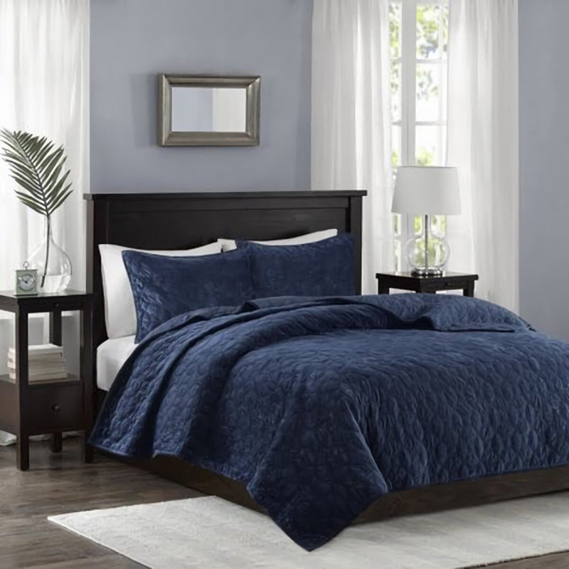 Blue Microfiber Reversible 3 Piece Coverlet Set