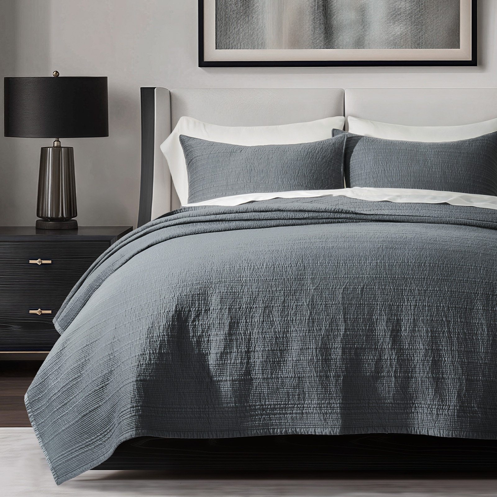 Channel Stitch Cotton Quilt Bedding Set, King Quilt + 2 King Shams, Midnight Blue