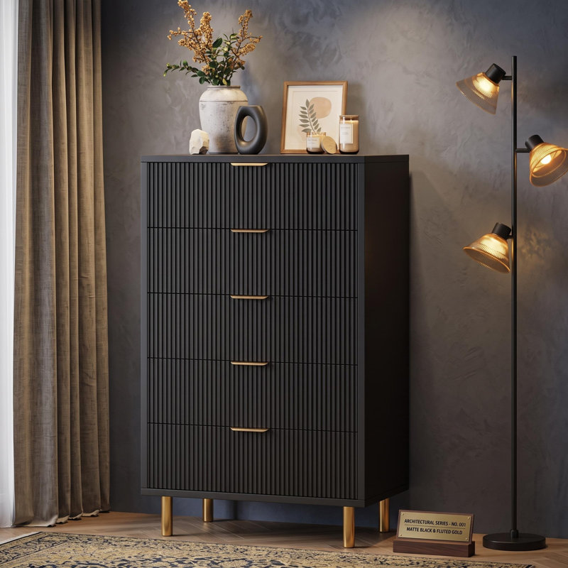 Commode 5 tiroirs pour chambre à coucher, avec poignées en métal, Noir