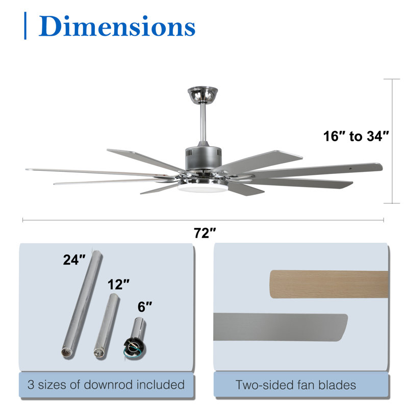 72" Large Modern Ceiling Fan w Wood Blades and LED Lights, Quiet DC Motor 6 Fan Speed w Remote, Chrome