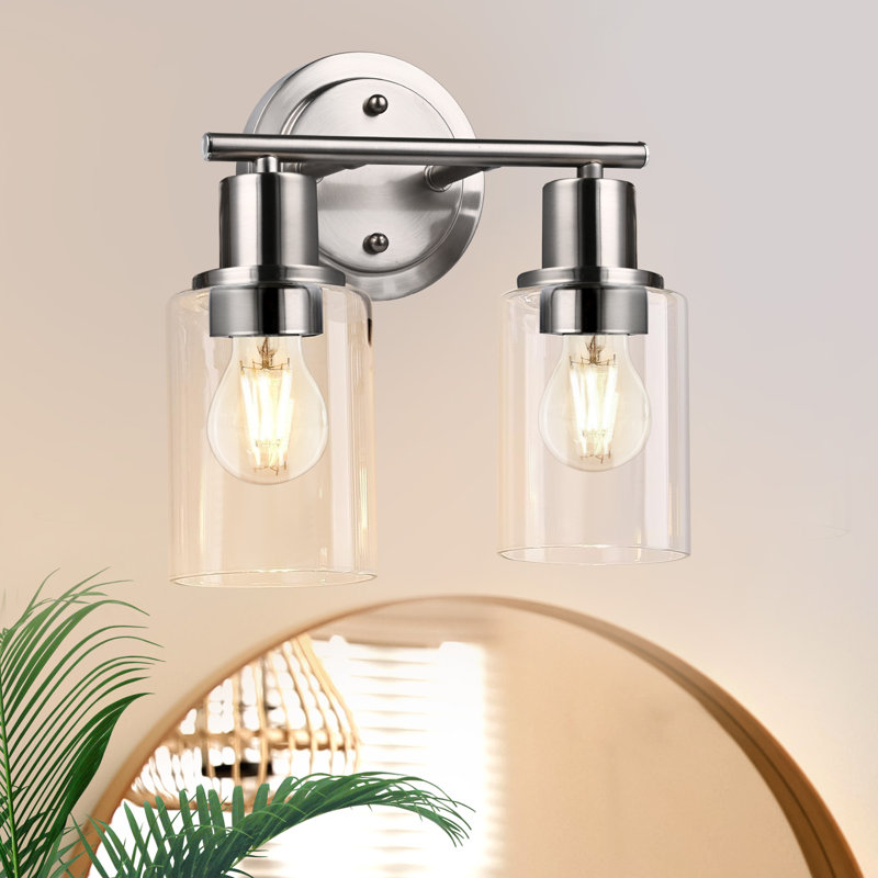  Bathroom Light Fixture with Clear Glass Shade, 2 Lights, Brushed Nickel