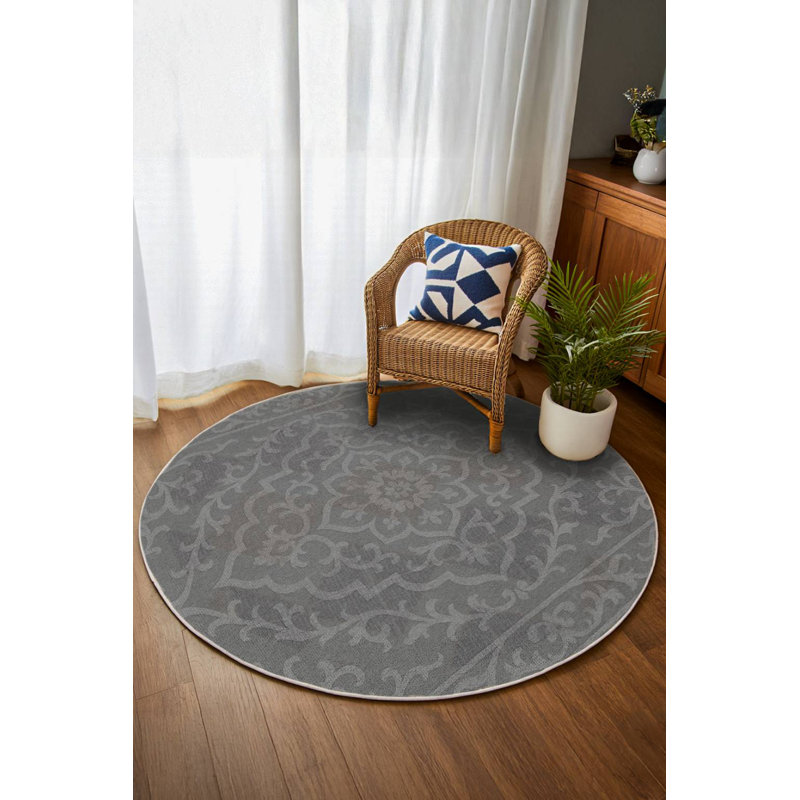 Nora Collection Digital Print Cotton-Polyester Gray Oriental Rug, Round 3'4"
