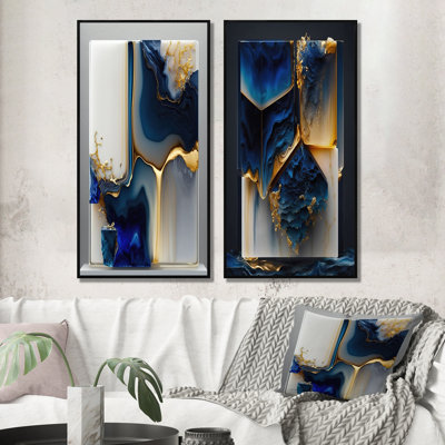 Ensemble de 2 toiles d'art en forme de géode abstraite dorée et bleue