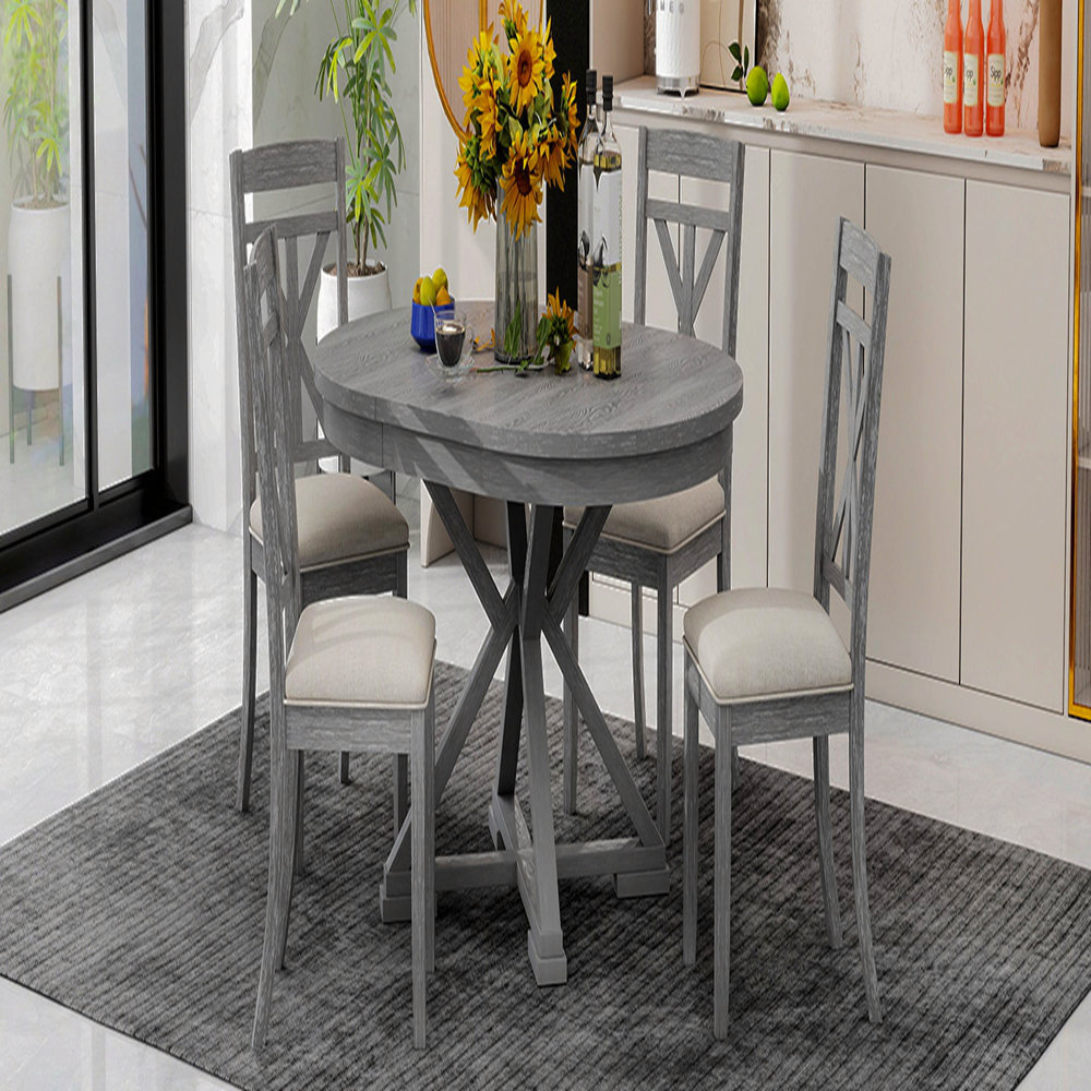 Lark Manor 5-Piece Retro Functional Dining Table Set Extendable Round ...