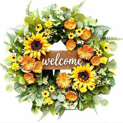 Couronne artificielle d'automne d'été, couronne florale de 23,6 pouces avec SunFlowe, roses et marguerite, couronne de verdure d'été pour le manteau de porte d'entrée de maison de campagne