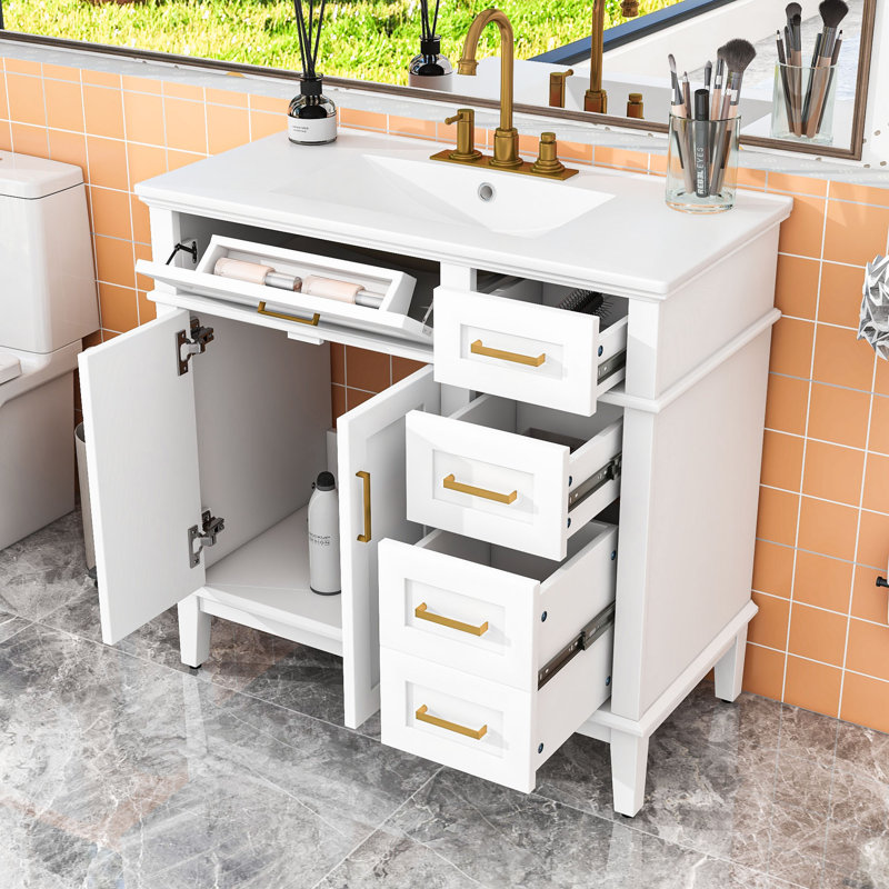 Meuble-lavabo avec quatre tiroirs et deux portes à fermeture douce, Blanc