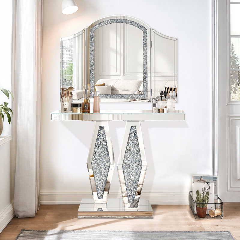 Miroir moderne à trois volets avec incrustation de diamant concassé, miroir de meuble-lavabo argenté 32 x 24 po pour chambre à coucher, salle de bain, miroirs glamour pour manteau de cheminée de hall d'entrée mural