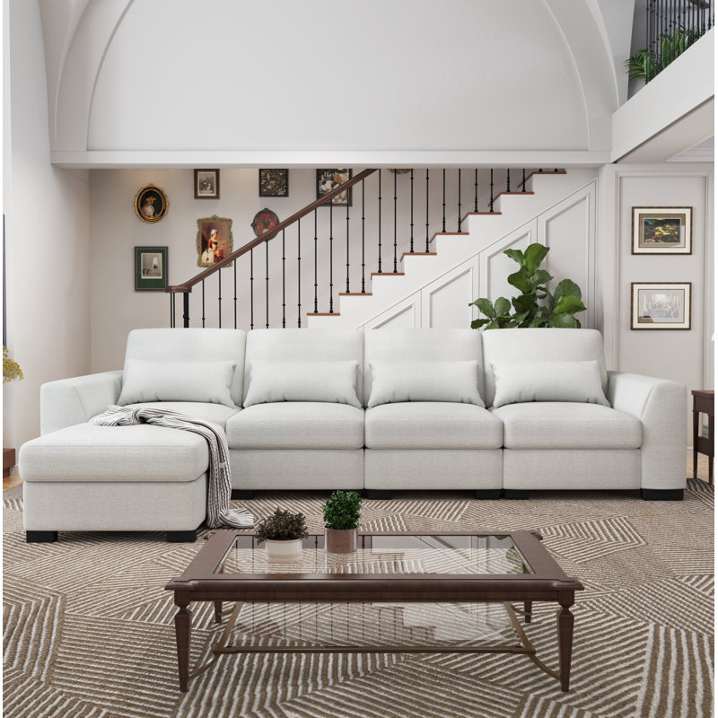 Canapé modulaire rembourré 5 pièces avec repose-pieds, Mélange de lin beige