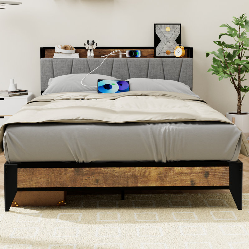 Jarl Upholstered Bed with Headboard Hidden Cabinet, King