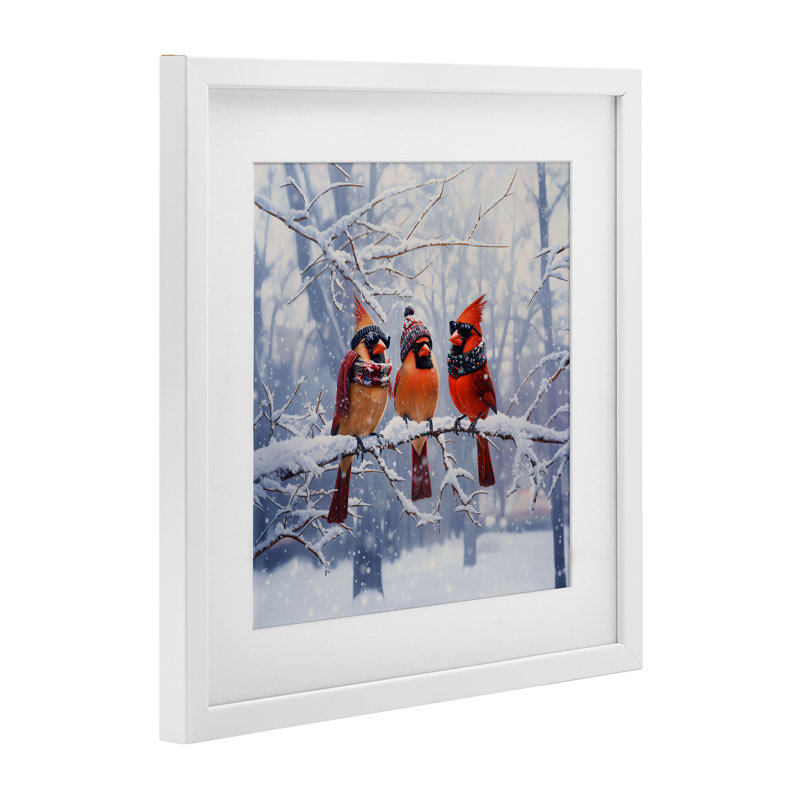 Cardinals on Winter Branch, reproduction encadrée sous verre, conception de Jim Baldwin, H 13 po x l 13 po
