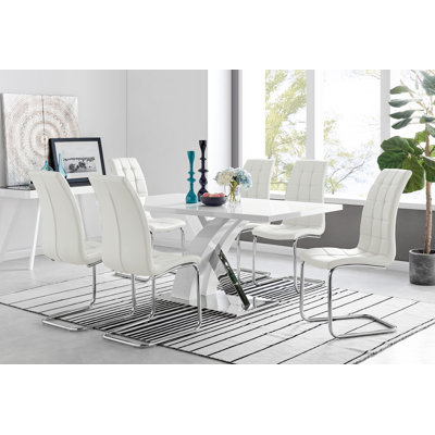 Edzard Chrome & White High Gloss Dining Table Set with 6 Luxury Faux Leather Dining Chairs