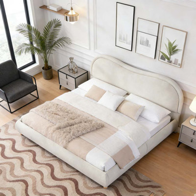 Upholstered Platform Bed Frame with Rounded Corners curved headboard, Wooden Slats, Oak Solid Wood Legs, chenille fabric