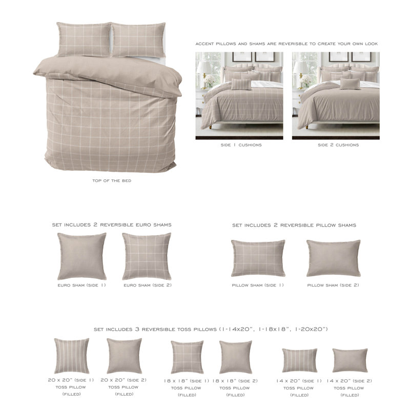 Shay Window Pane Natural Cotton Duvet Cover Set  8 Piece, California King Duvet Cover + 7 Additional Pieces