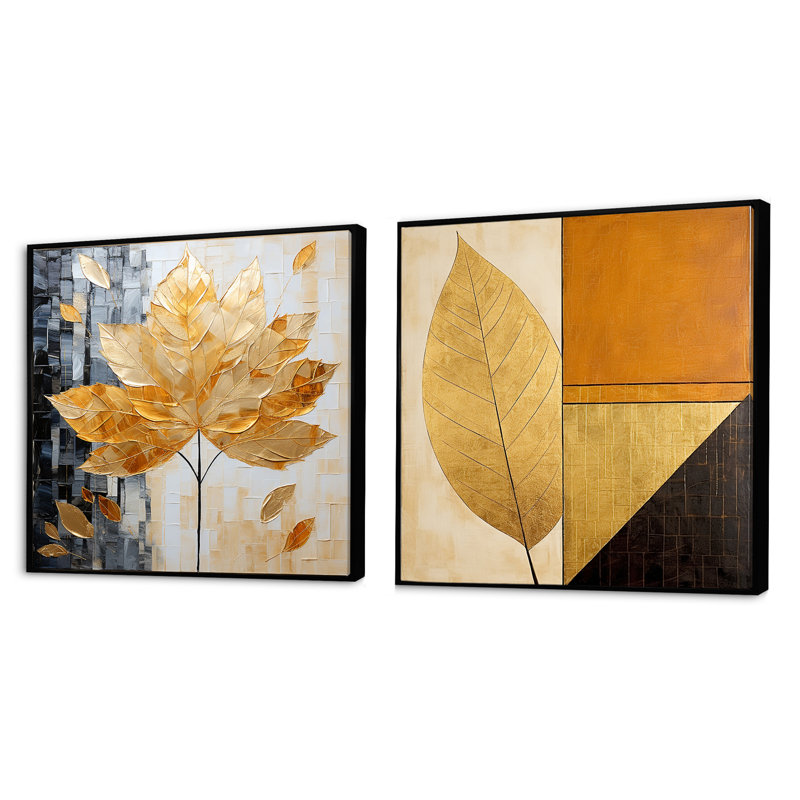 Feuillage doré à motif géométrique doré II - ensemble de 2 feuilles carrées, Cadre flottant noir, H 16 po x l 33 po
