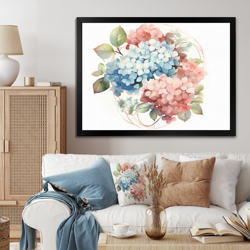 Hortensia rose, vert et fleurs II, H 34 po x l 44 po x P 1 po, Cadre photo noir