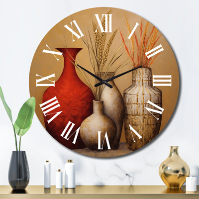 Still Life Red Gold Vase With Wheat Flowers Metal Wall Clock