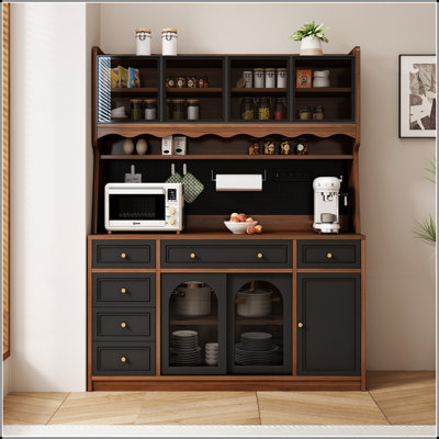 Armoire de rangement autoportante l 63 po avec huche, grand bar à café, 6 tiroirs, 4 armoires, tablettes réglables et prise de courant