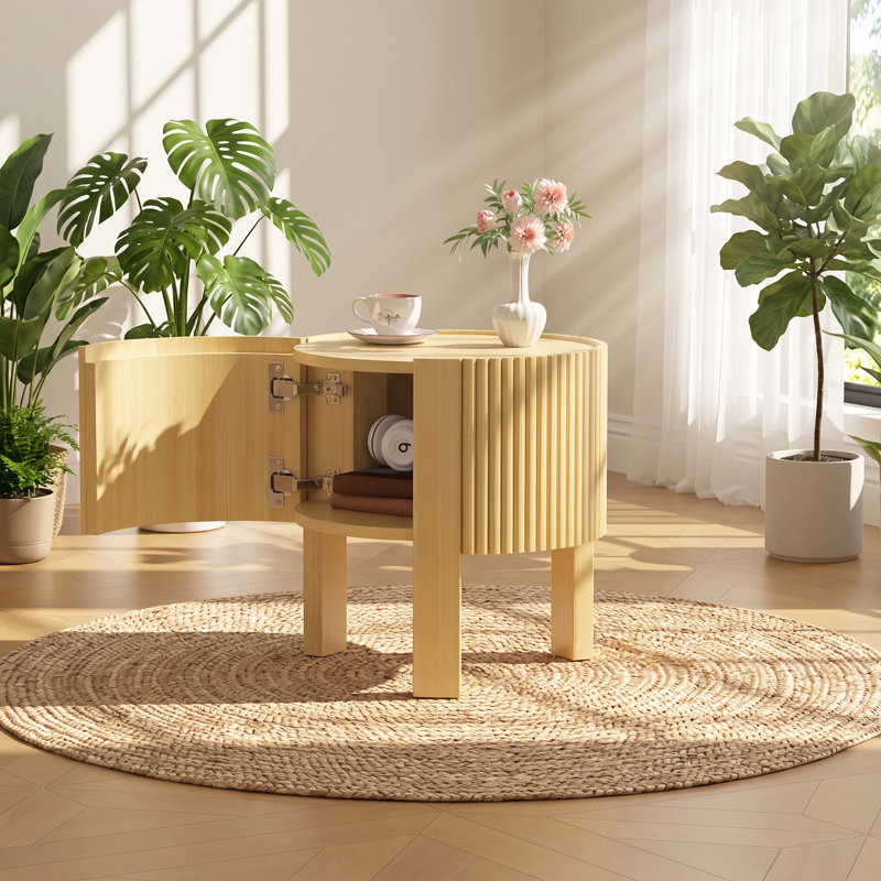 Table de bout ronde avec rangement en bois d'hévéa massif l 19,6 po x P 19,6 po x H 21,3 po