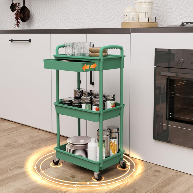 3‑Tier Utility Rolling Cart With Drawer, Mobile Storage Trolley On Wheels For Multi‑Room Household Use