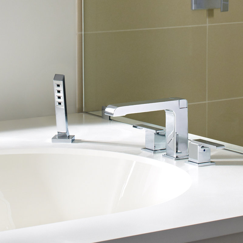 Ara Double Handle Deck Mounted Roman Tub Faucet Trim with Handshower, Chrome
