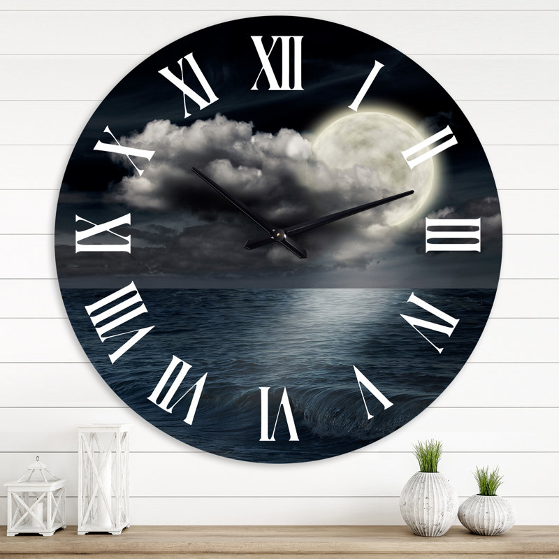 Pleine lune dans le ciel nocturne nuageux VI - Horloge murale nautique et côtière, Grand