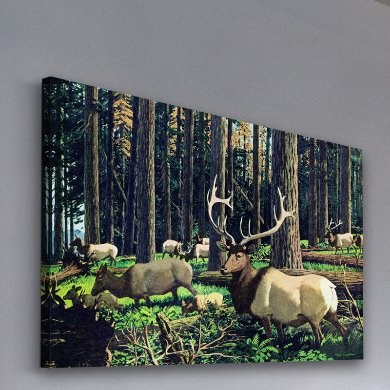 Rustic Elk Herd Canvas Print in Forest Setting, 40" x 60"