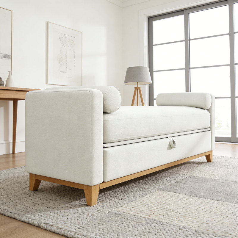 Banc rembourré en bois massif, Beige + naturel, 66 po + rangement