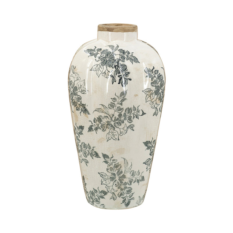 Vase en céramique 8,1 x 8,1 x 13,6 po avec motif floral gris