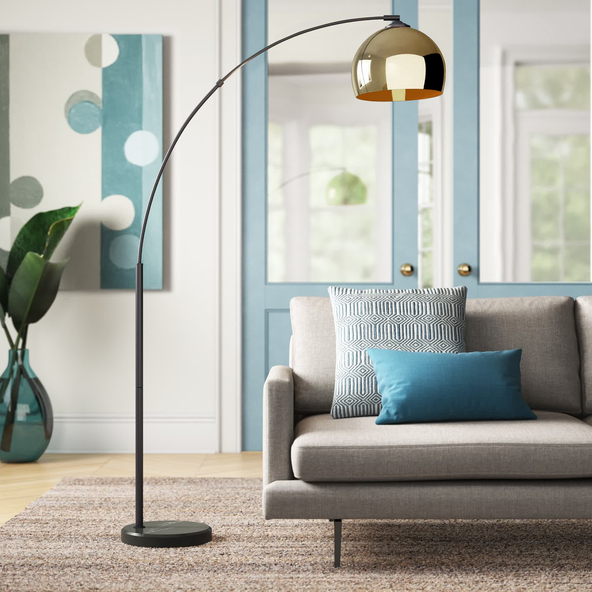 Modern 67" Arc Floor Lamp with Curved Metal Shade, Weighted Marble Base & Foot Switch for Living Room or Bedroom