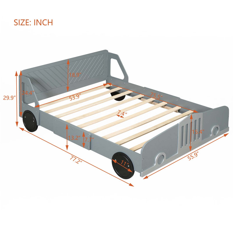 Lit plateforme en forme de voiture avec roulettes, Gris, Double