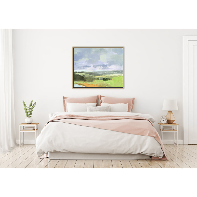 Peinture sur toile flottante, Ogunoust, regardant vers les dunes, H 18 po x l 22 po x P 2 po, Cadre doré