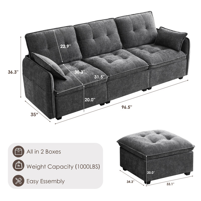 Canapé modulaire en chenille avec repose-pieds Cloud, Gris chenille