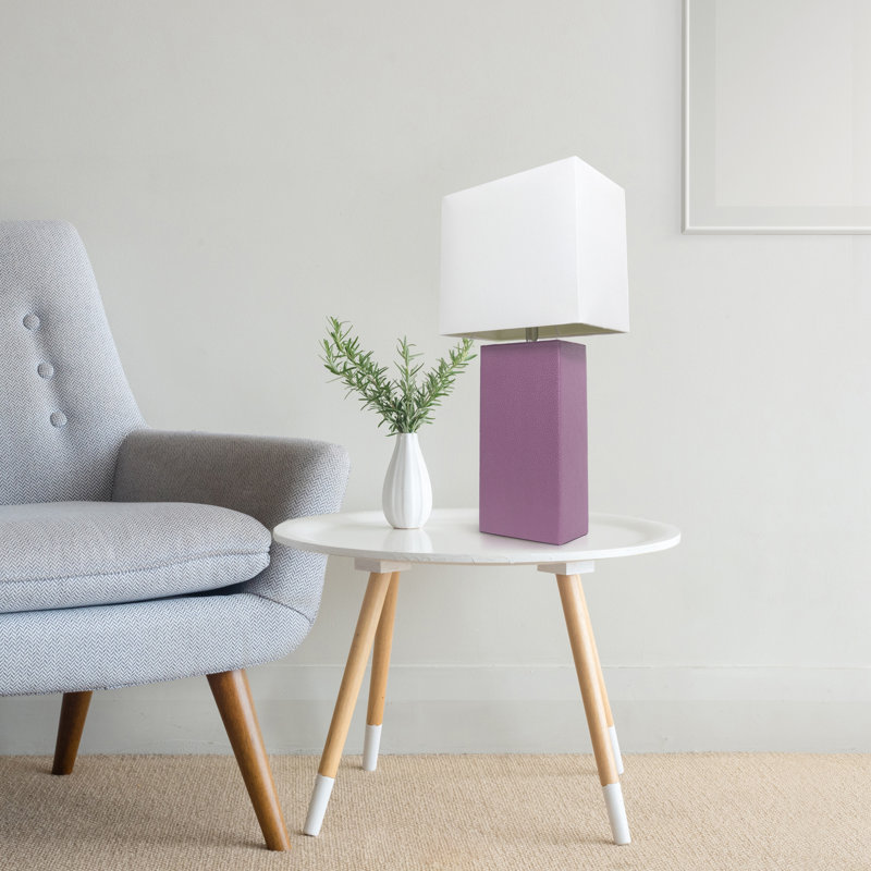 Lampe de table en cuir 21 po avec abat-jour rectangulaire en lin blanc, Non, Mauve, Transparent
