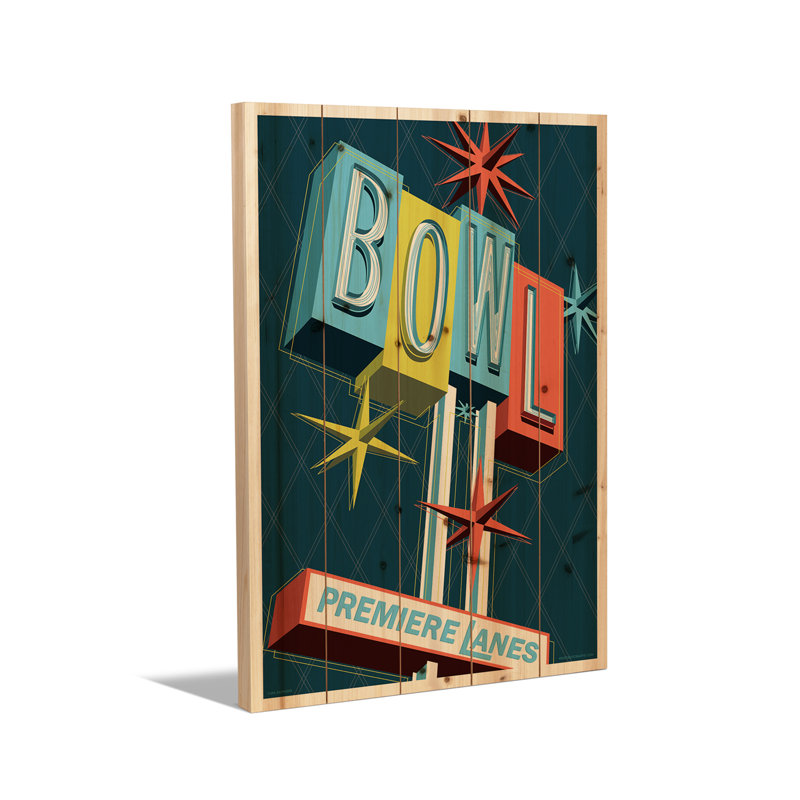 Reproduction d'art mural en bois - affiche de voyage Premier Lanes Bowling par Jim Zahniser, H 40 po x l 26 po